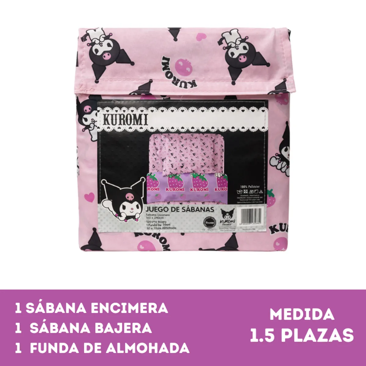 MASHINI - Juego Sábanas Mashini Kuromi Frutillas Niña 1,5 Plazas