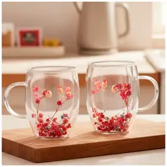IRM - Pack 2 Tazas de Vidrio Mug Doble Pared Con Flores Eternas Transparentes