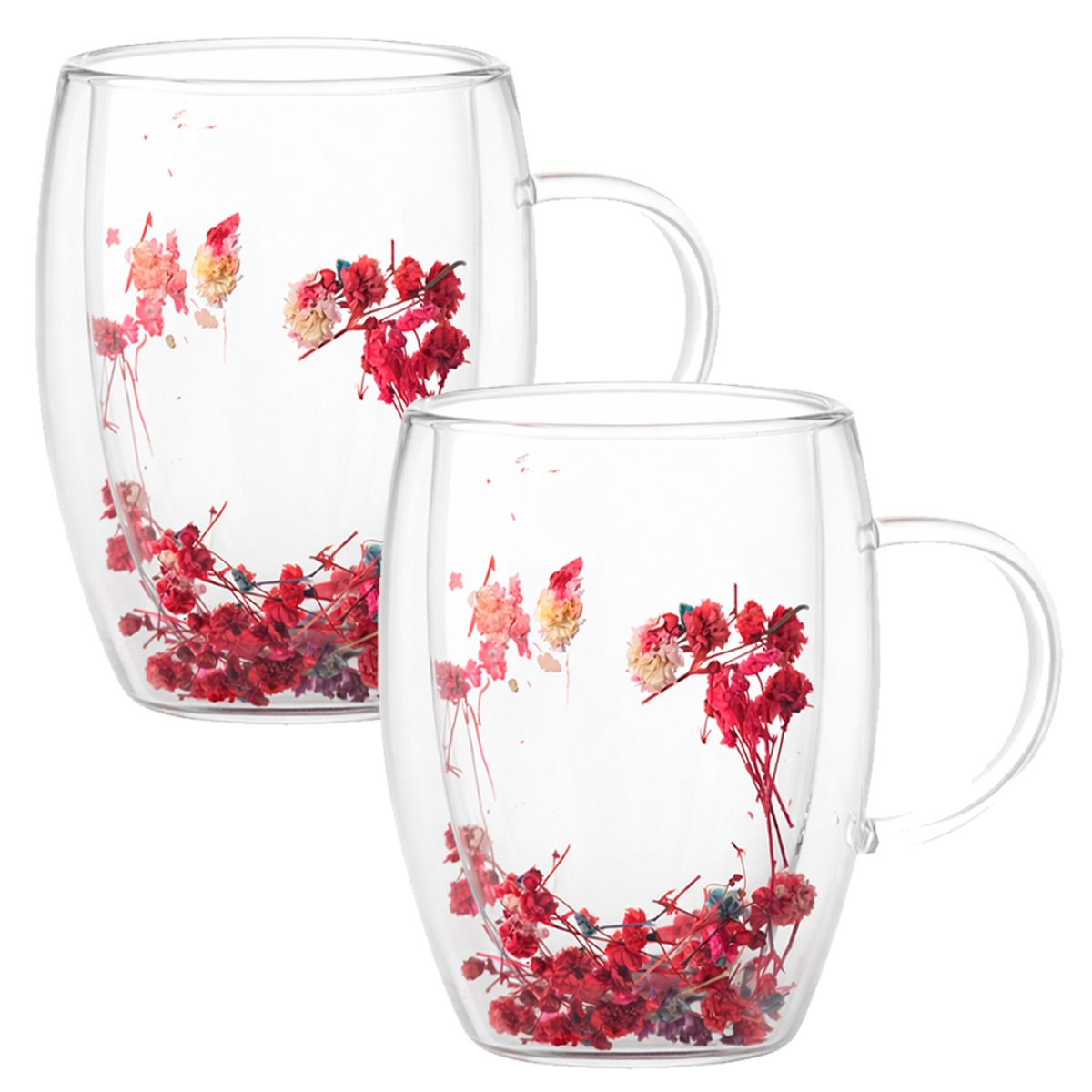 IRM - Pack 2 Tazas de Vidrio Mug Doble Pared Con Flores Eternas Transparentes
