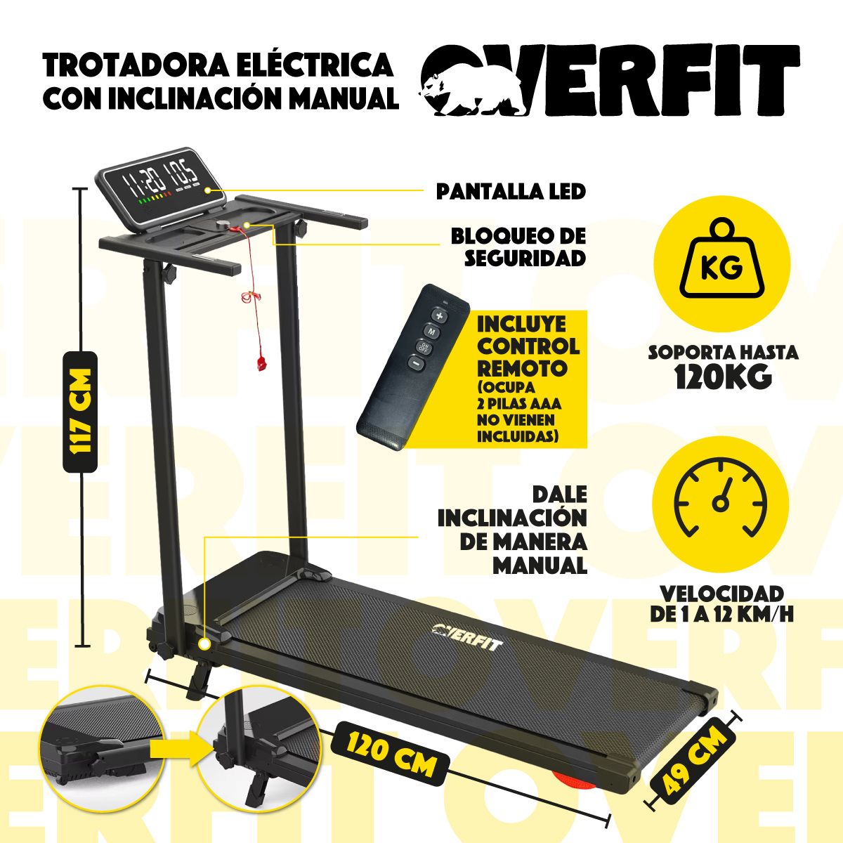 OVERFIT - Trotadora 2 Hp Overfit Caminadora Electrica Plegable 12 Km/h