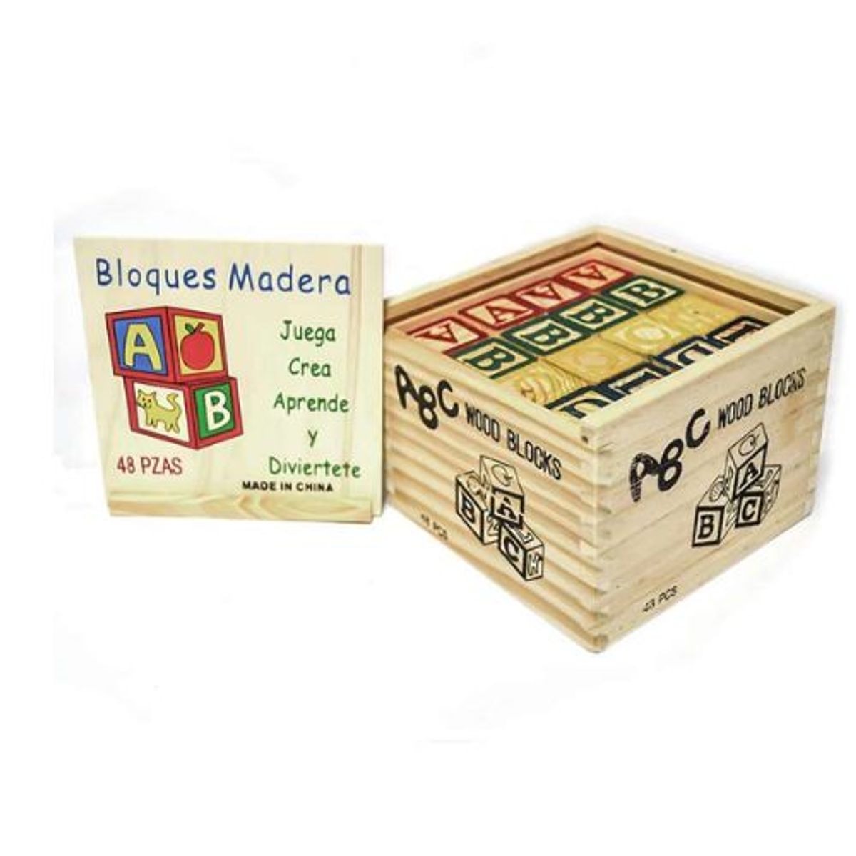 GENERICO - Cubo 48 Piezas Madera Letras Números