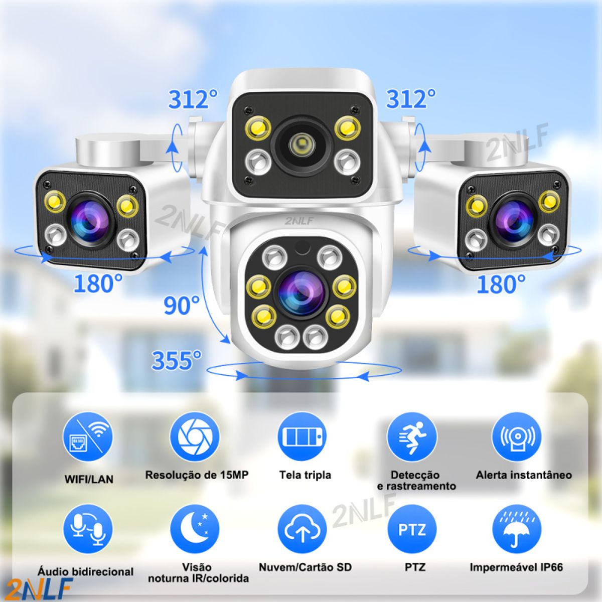 2NLF - 2nlf®  3 Lentes 15mp Cámara De Seguridad Exterior 3 Pantalla