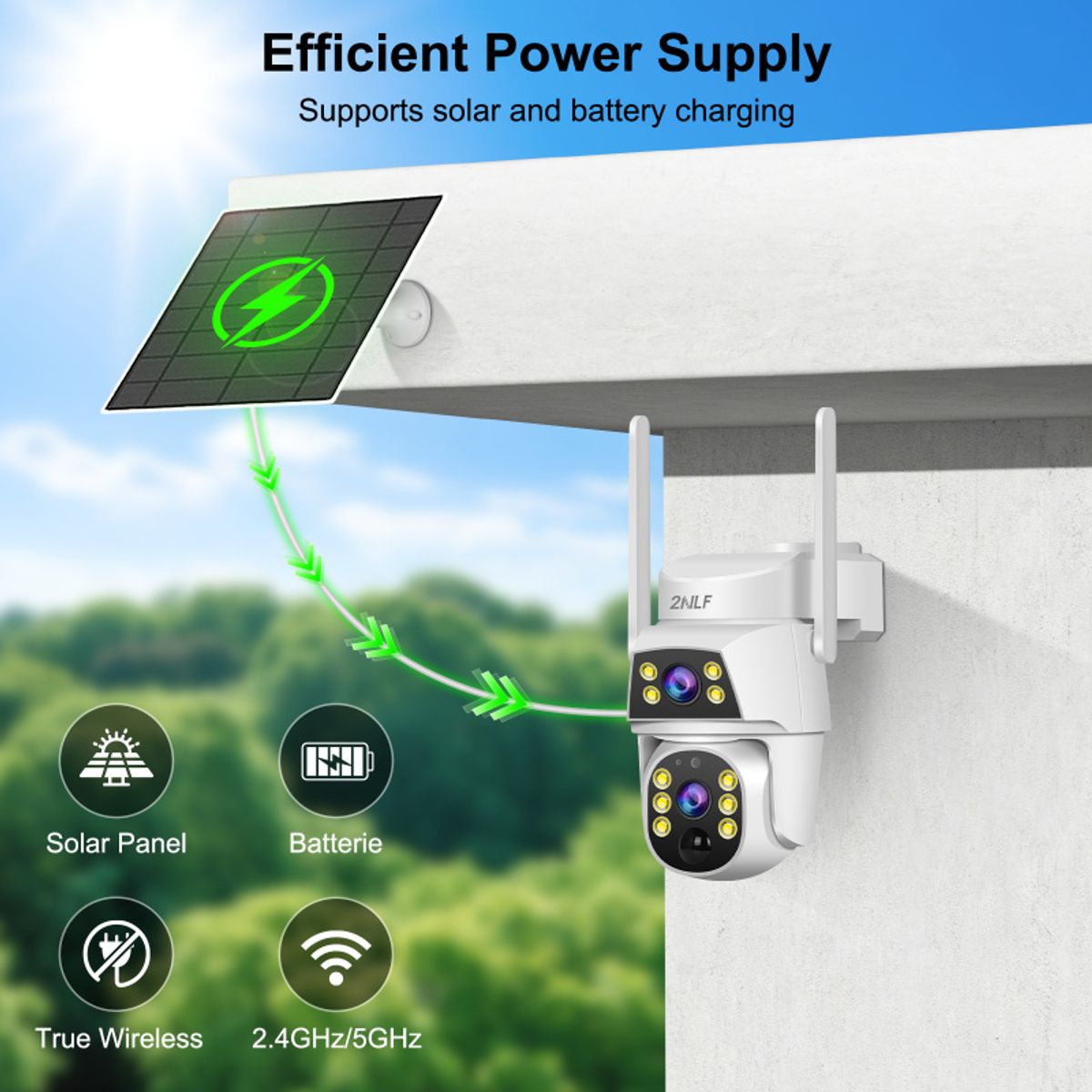 2NLF - 2nlf®  10mp Solar Cámara De Seguridad Wifi 2 Lente 2 Pantalla