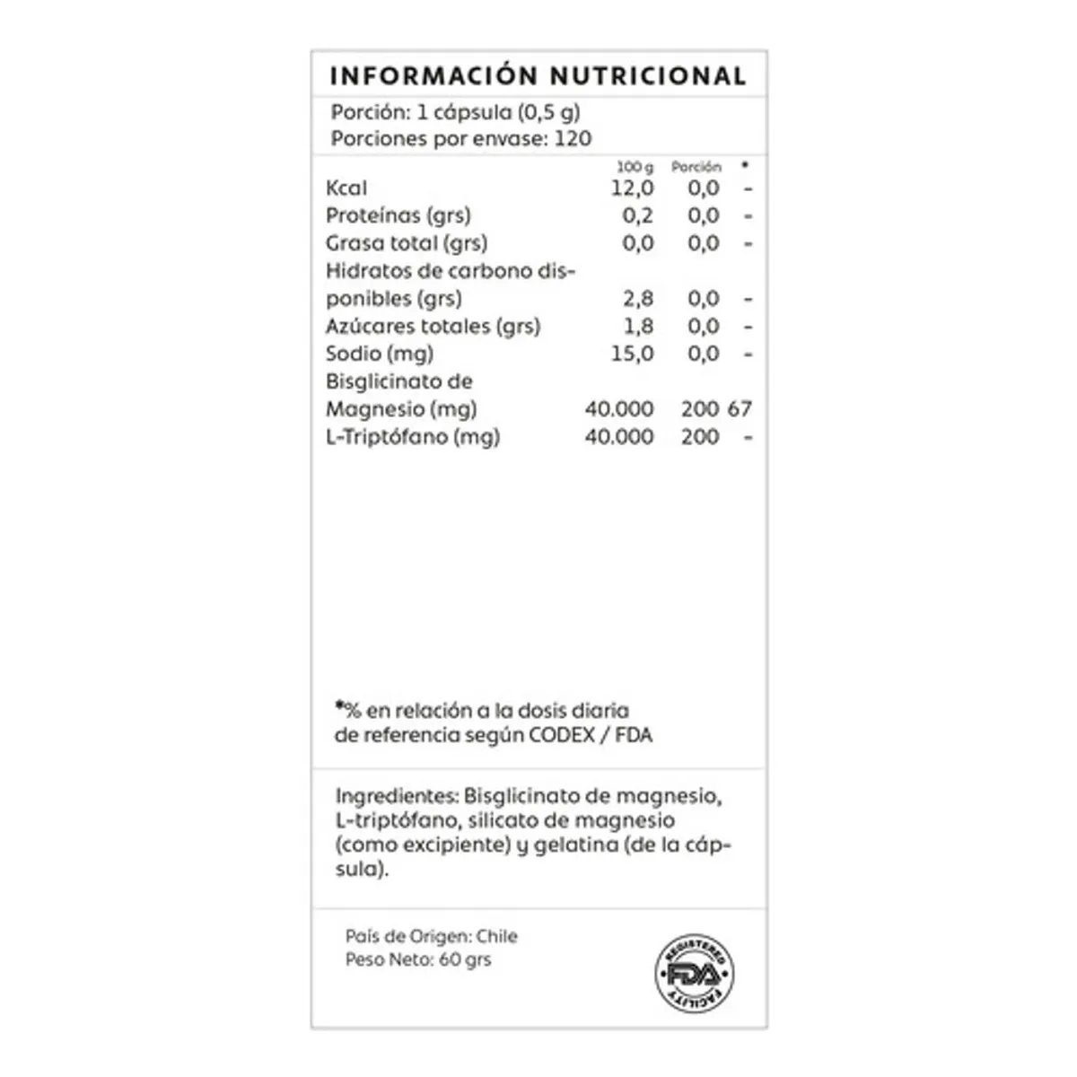 GENERICO - Bisglicinato Magnesio + L-triptofano 120 Cap Estres Ansiedad Sin Sabor