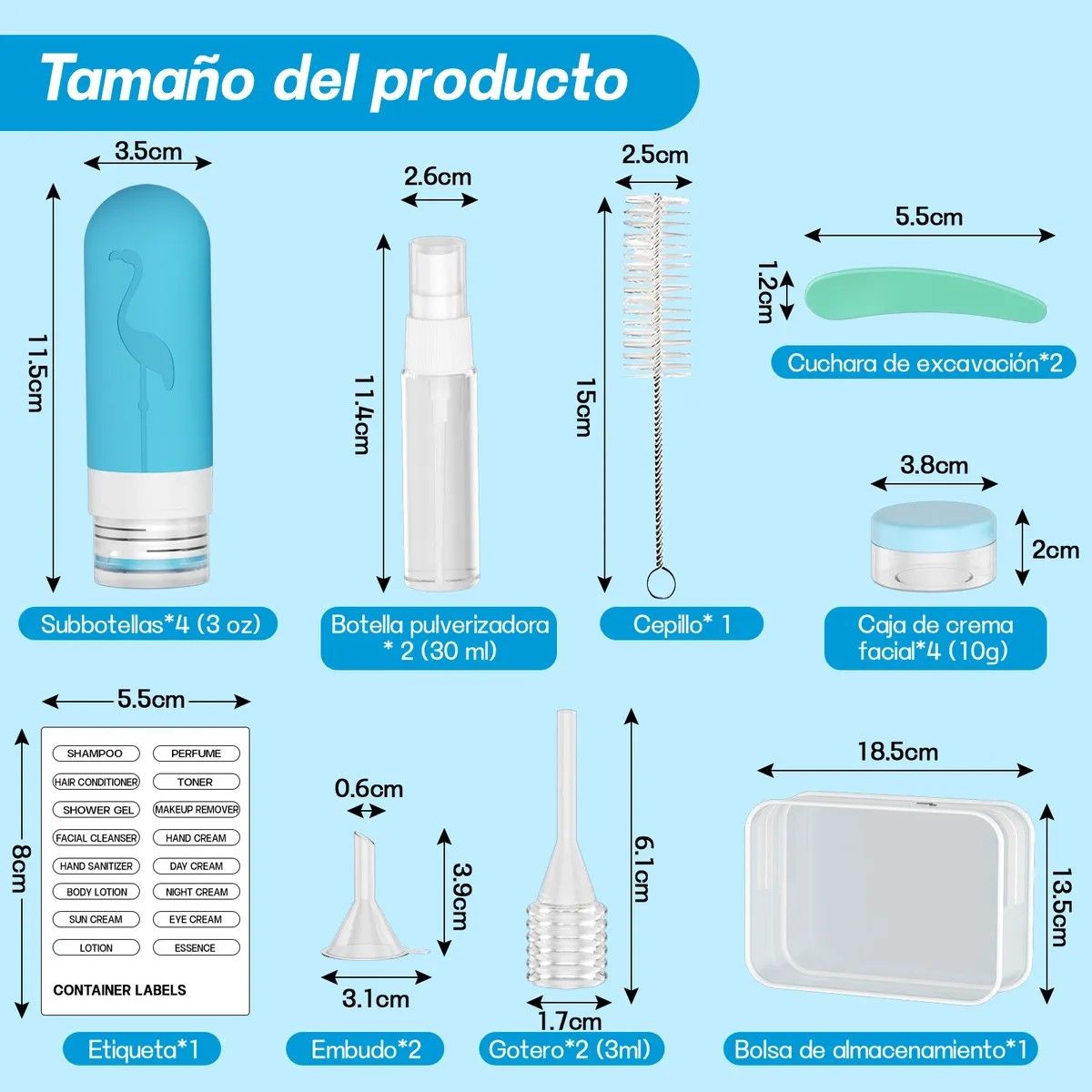 GENERICO - Set Botella De Viaje Dispensadora 17 Contenedores Accesorios