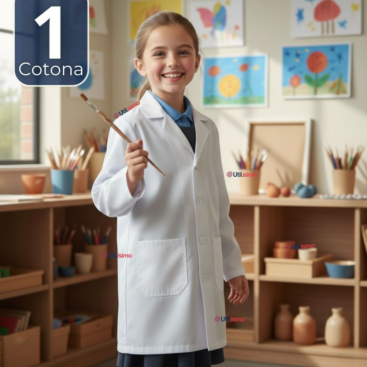 UTILISIMO - Cotona Delantal Escolar Blanca Niño Niña Unisex Bata
