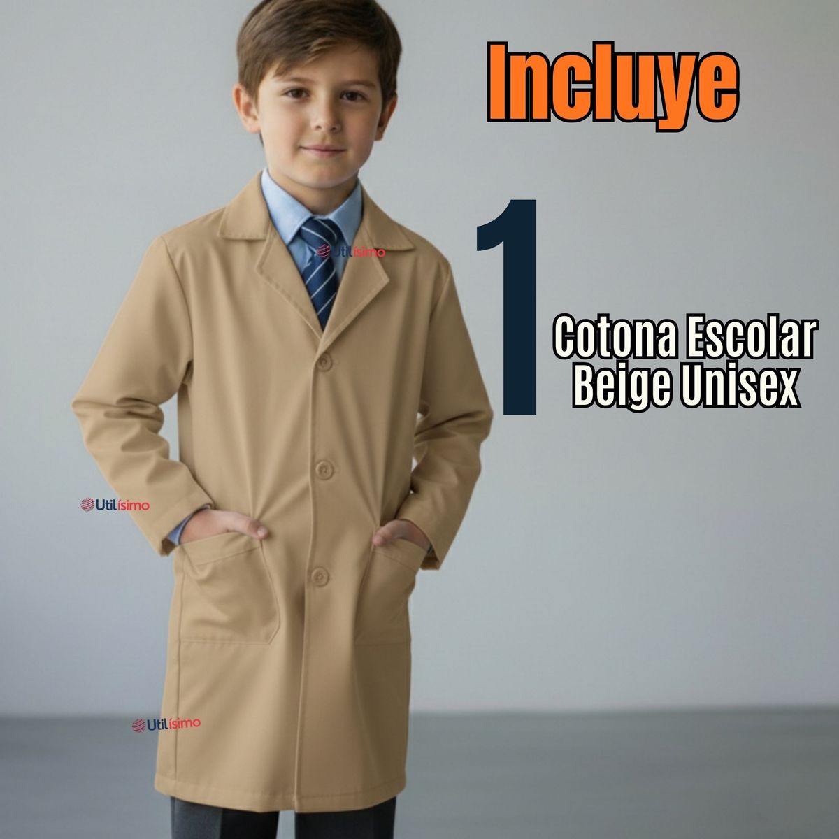 UTILISIMO - Cotona Delantal Escolar Beige Niño Niña Unisex Bata
