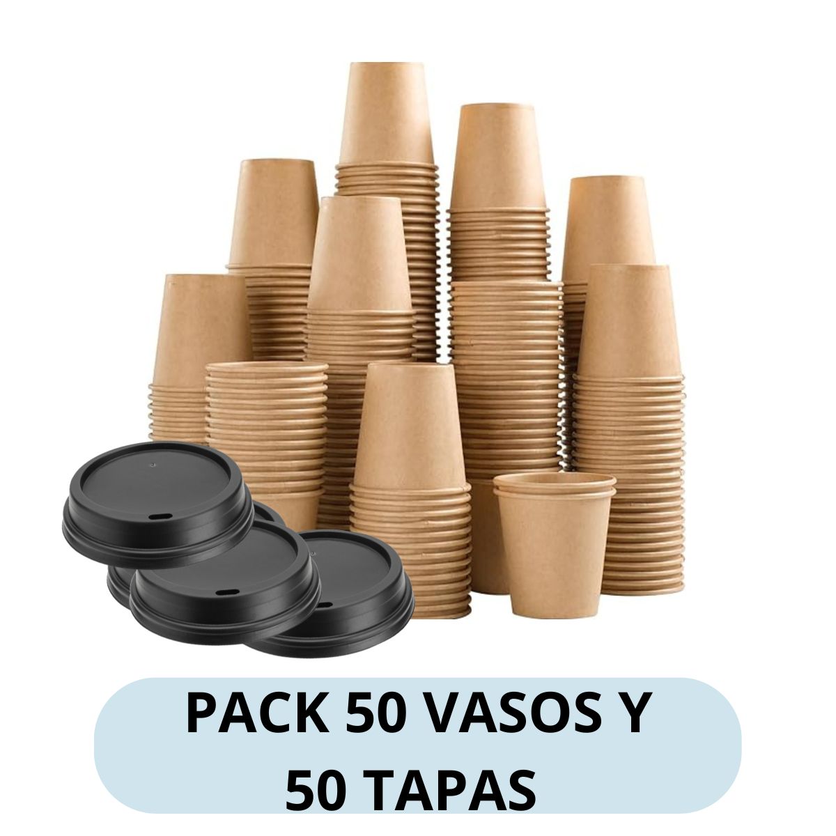 GENERICO - Pack 50 Vasos Kraft 12oz + 50 Tapas Café Vaso Desechables