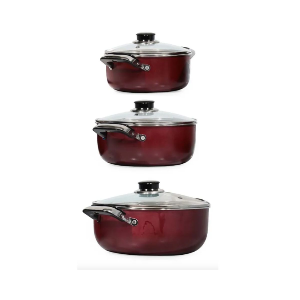 GENERICO - Bateria de 3 Ollas Cacerolas Color Vino con Tapa de Vidrio - Ideal para Guisos
