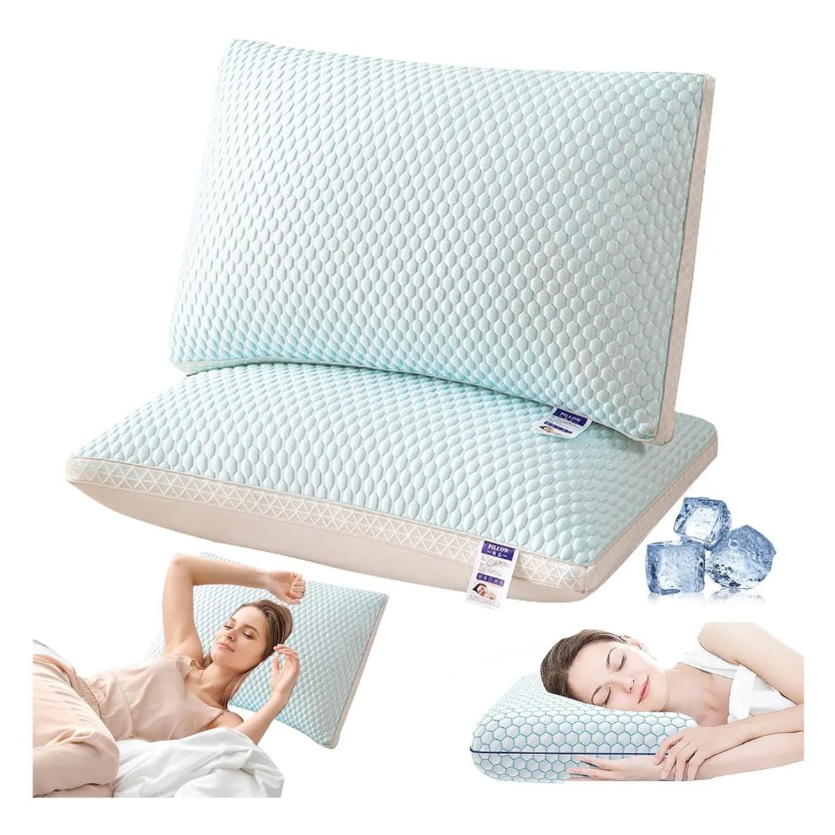 EVERSO - Pack 2 Almohadas Refrescantes Espuma 74x48cm Para Cama Verde