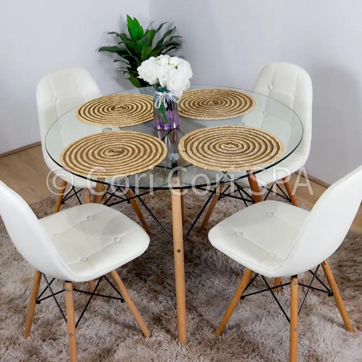 CORI CORI - Juego de Comedor Vidrio 80cm + 4 Capitonne Eames Ecocuero