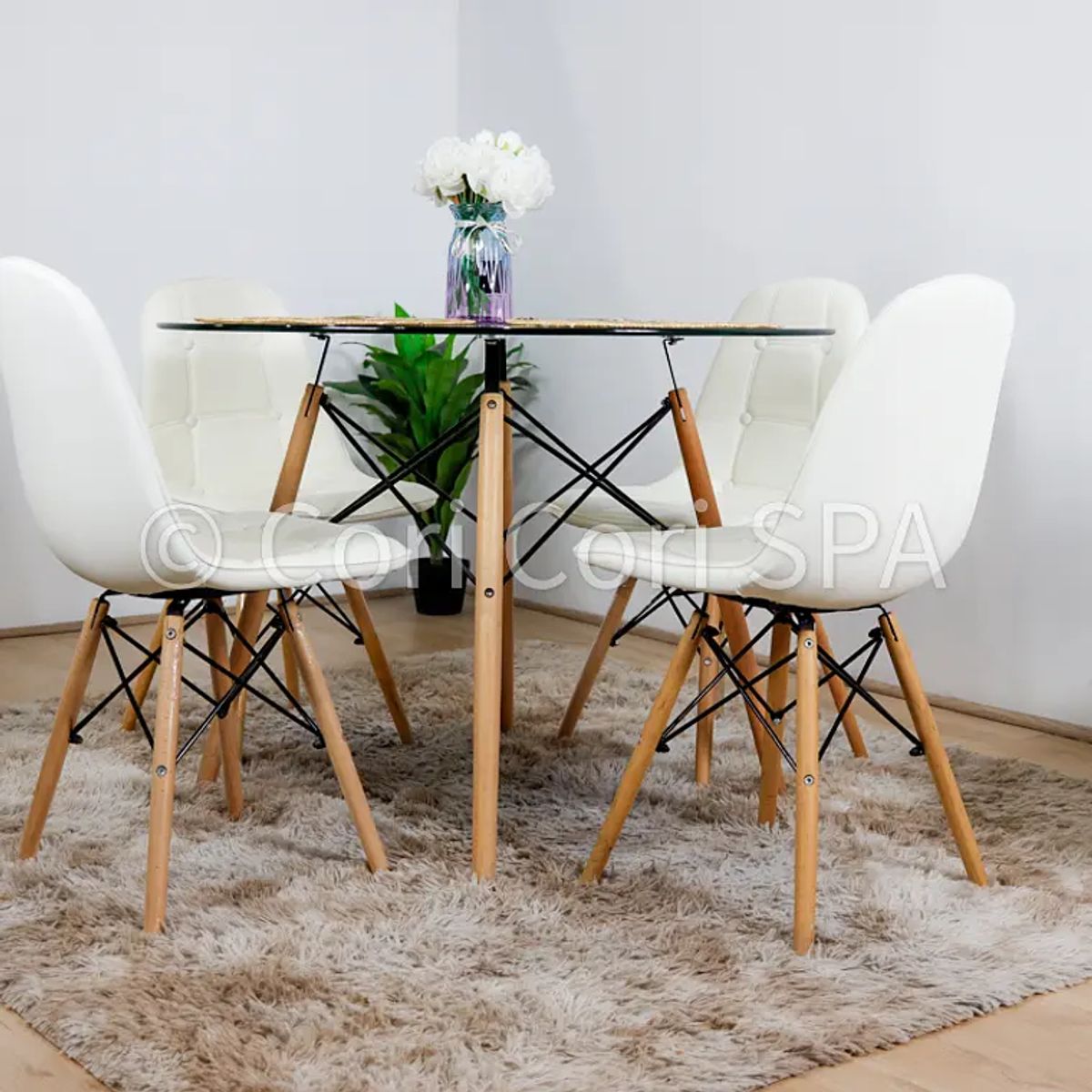 CORI CORI - Juego de Comedor Vidrio 80cm + 4 Capitonne Eames Ecocuero