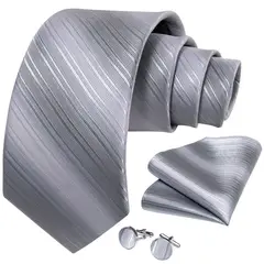 SN SONEC - Corbata plateada seda hombre formal paño y colleras Modelo Silver