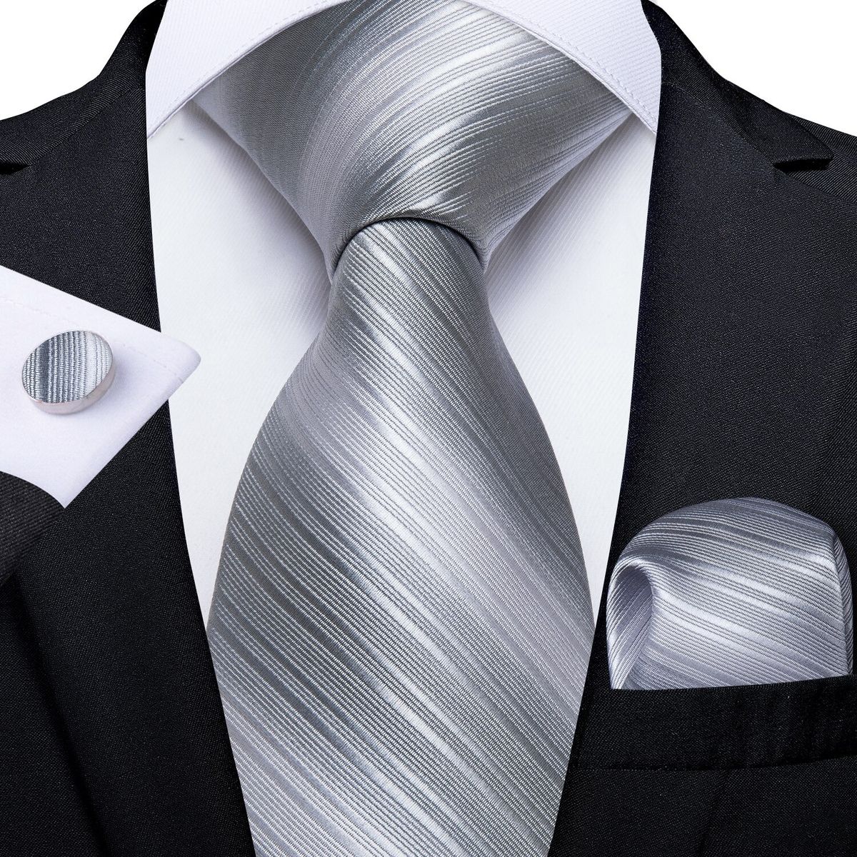 SN SONEC - Corbata plateada seda hombre formal paño y colleras Modelo Silver