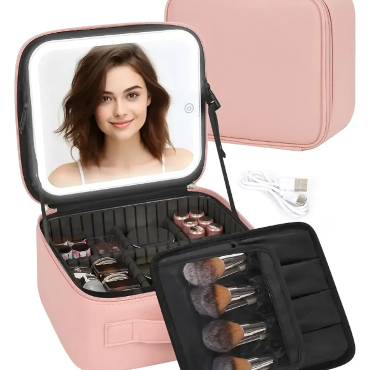 GENERICO - Maleta De Maquillaje Con Espejo Luz Led Organizador Rosa
