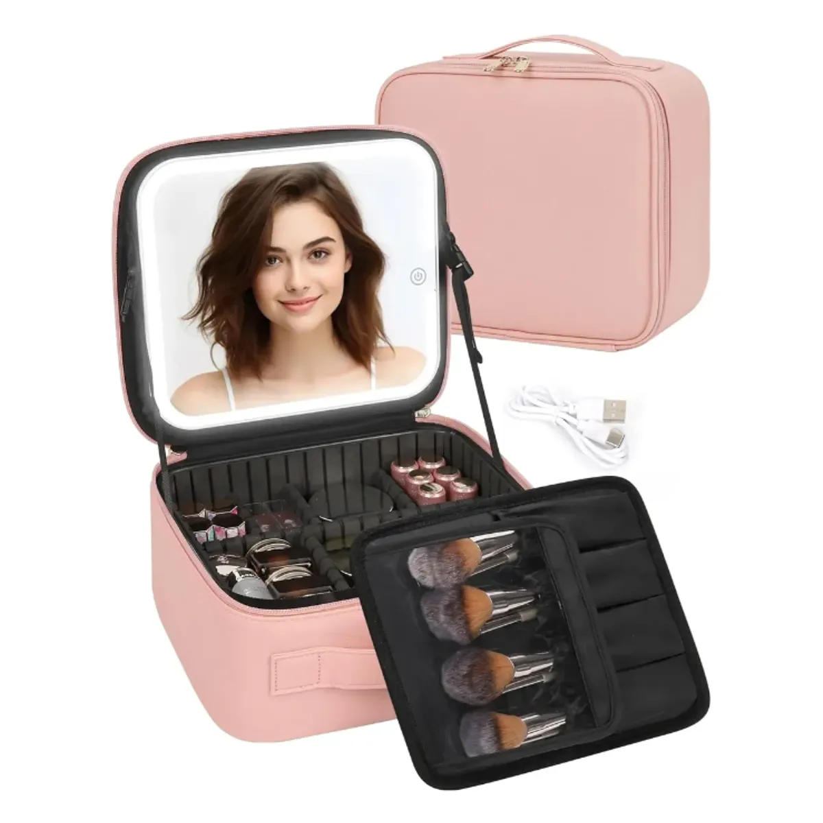 GENERICO - Maleta De Maquillaje Con Espejo Luz Led Organizador Rosa