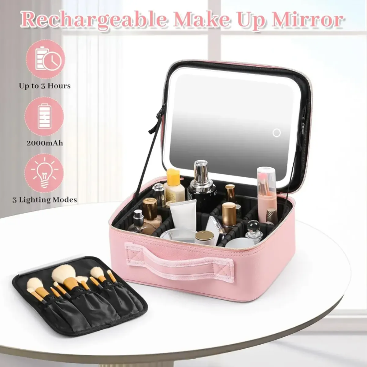 GENERICO - Maleta De Maquillaje Con Espejo Luz Led Organizador Rosa
