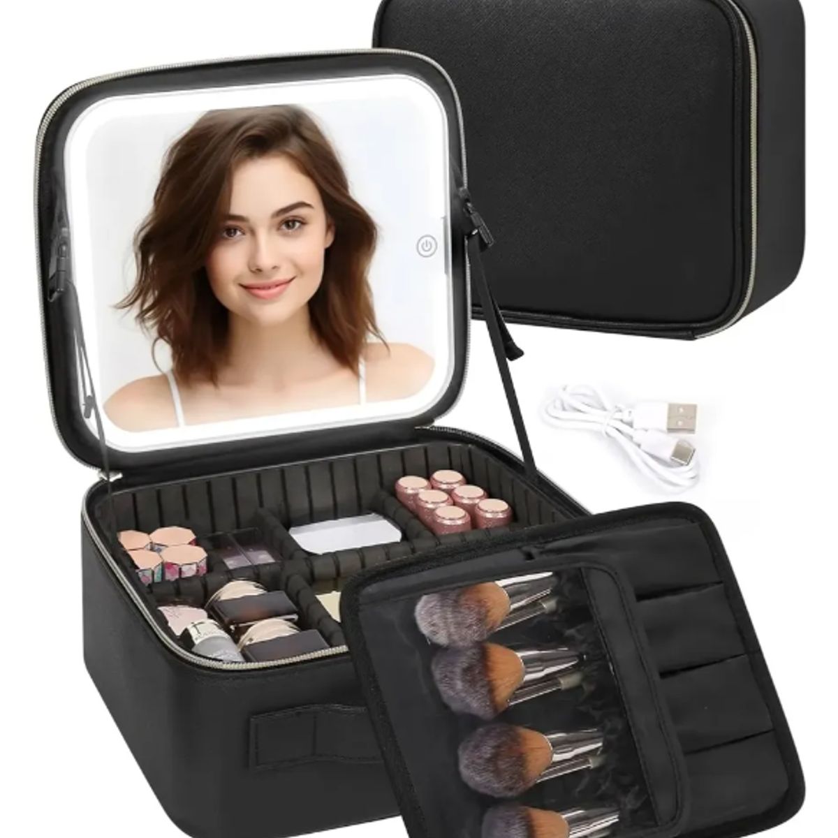 GENERICO - Maleta De Maquillaje Con Espejo Luz Led Organizador Negro