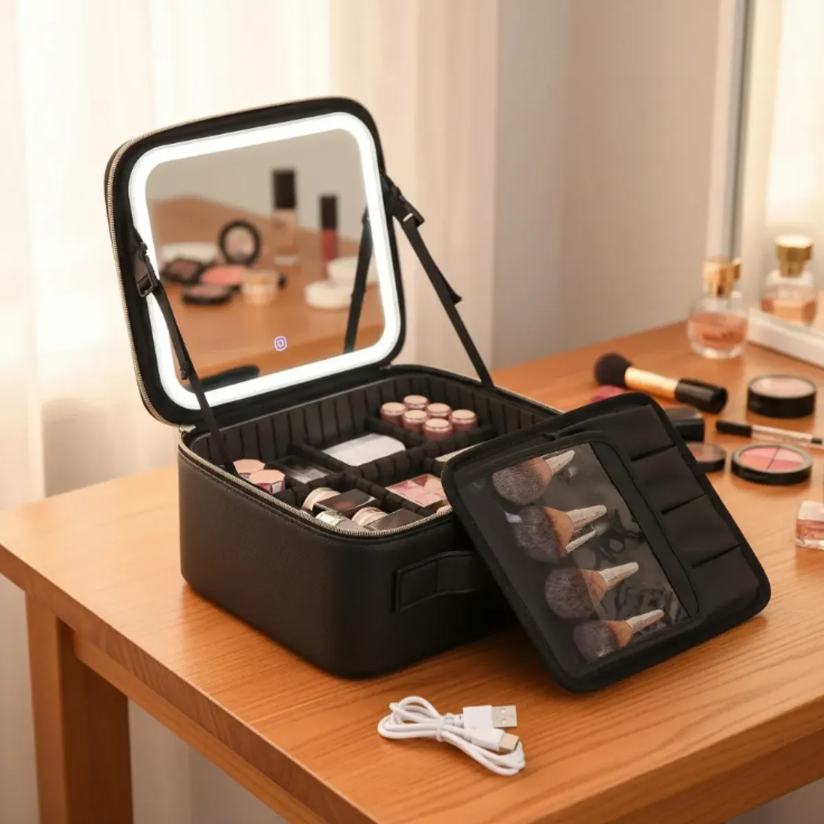 GENERICO - Maleta De Maquillaje Con Espejo Luz Led Organizador Negro