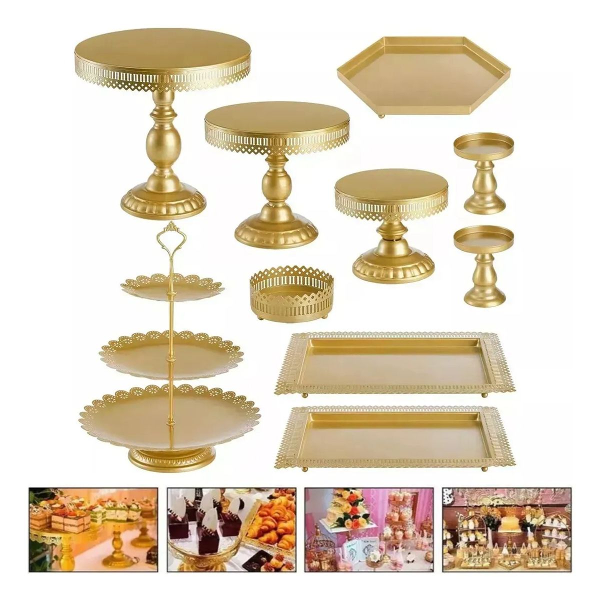 EVERSO - Set 10 Piezas Porta Torta Queques Donas Bandejas Reposteria Dorado