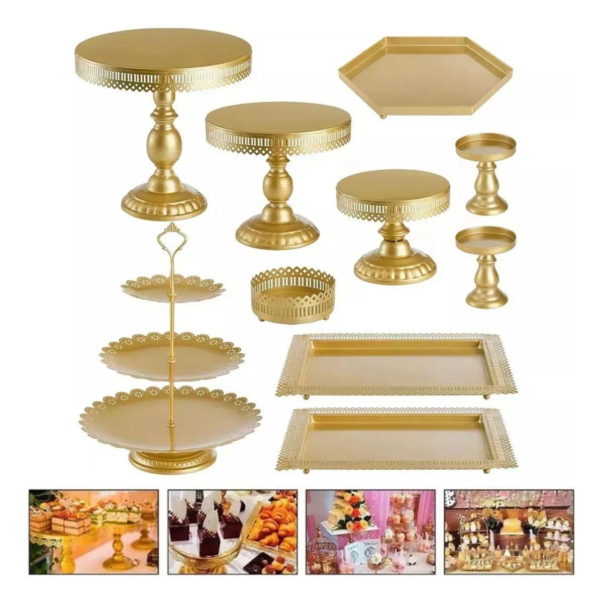 EVERSO - Set 10 Piezas Porta Torta Queques Donas Bandejas Reposteria Dorado
