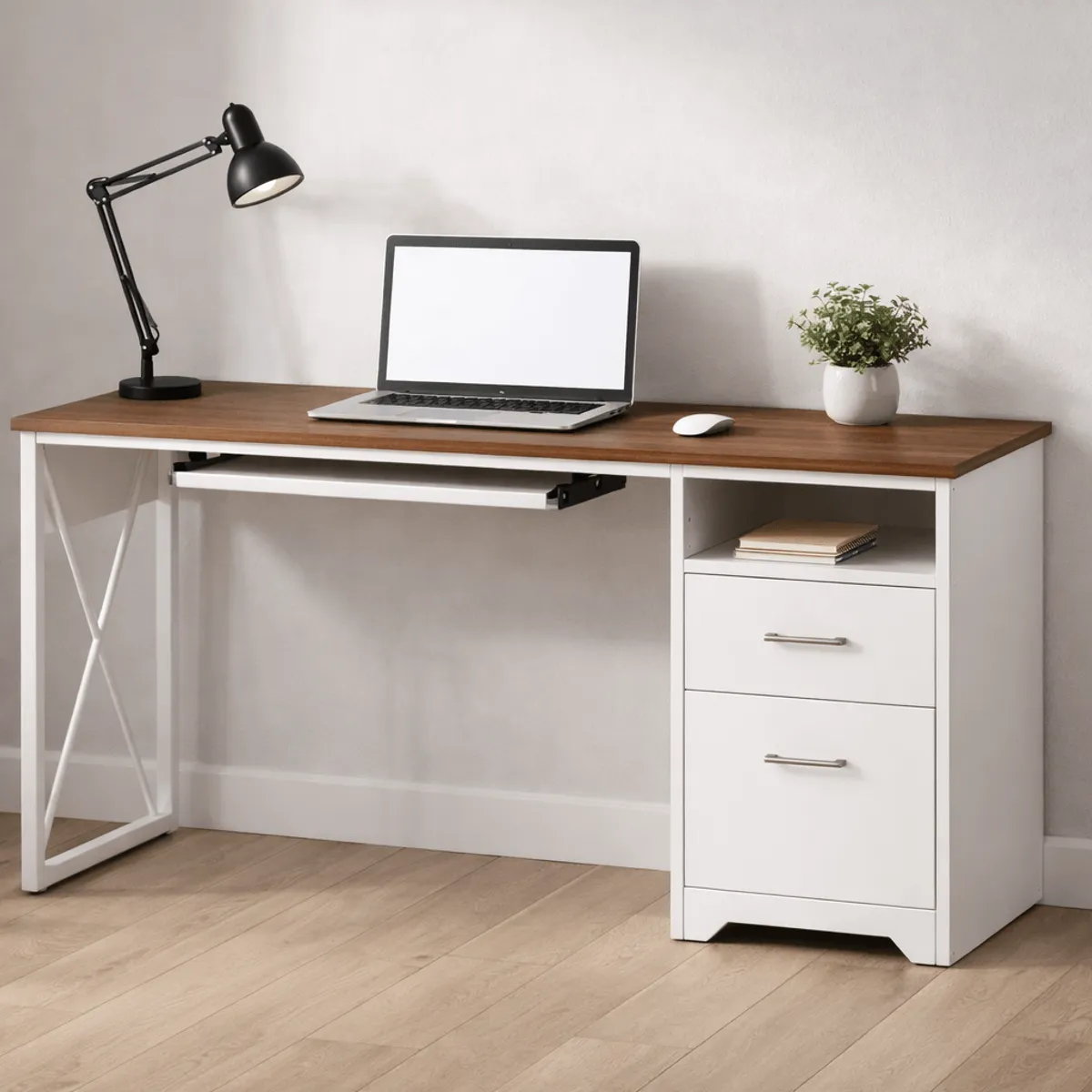 SPACE HOME - Escritorio Moderno 120 cm Nogal Blanco con Cajones y Repisa Lateral