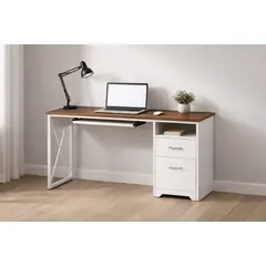 SPACE HOME - Escritorio Moderno 120 cm Nogal Blanco con Cajones y Repisa Lateral