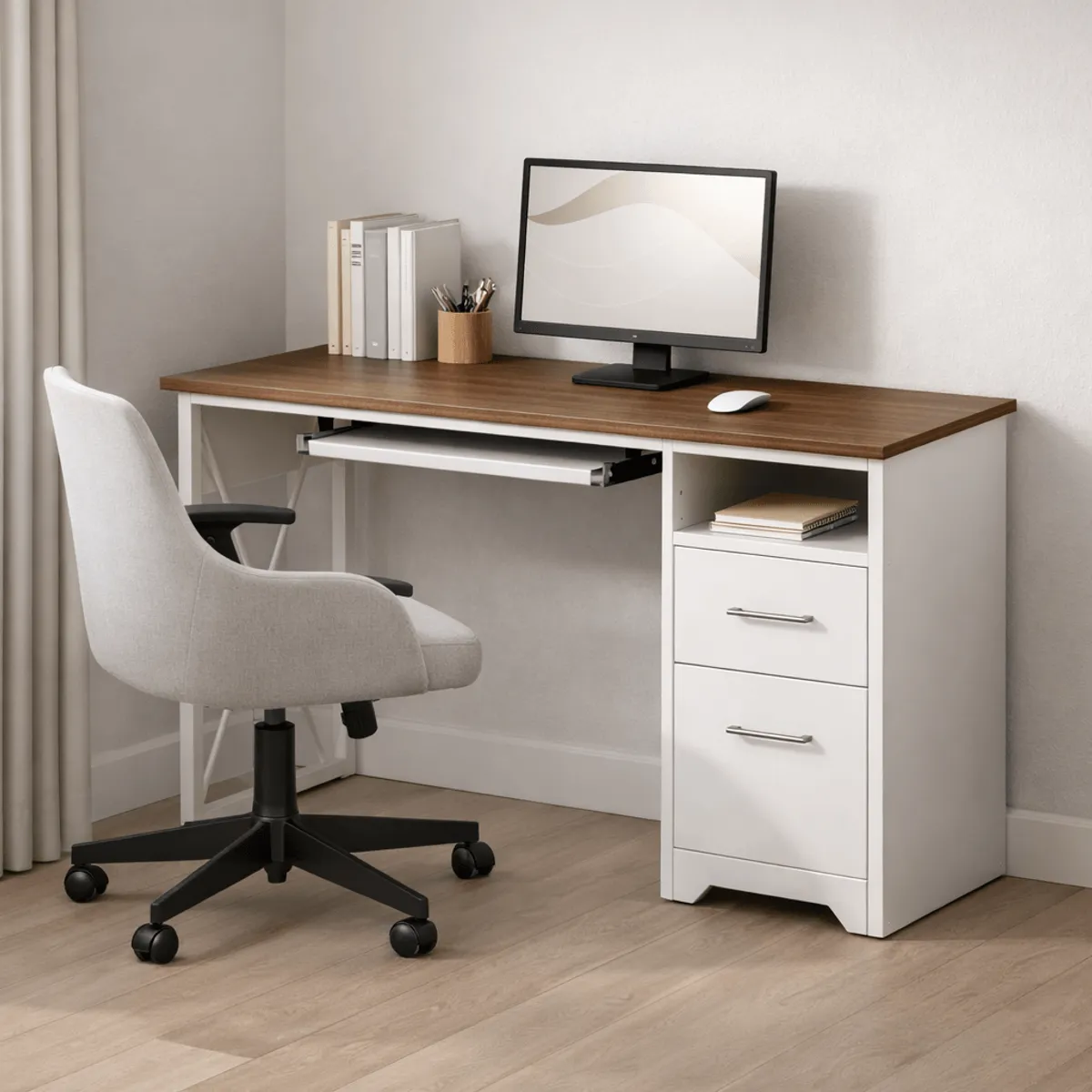 SPACE HOME - Escritorio Moderno 120 cm Nogal Blanco con Cajones y Repisa Lateral