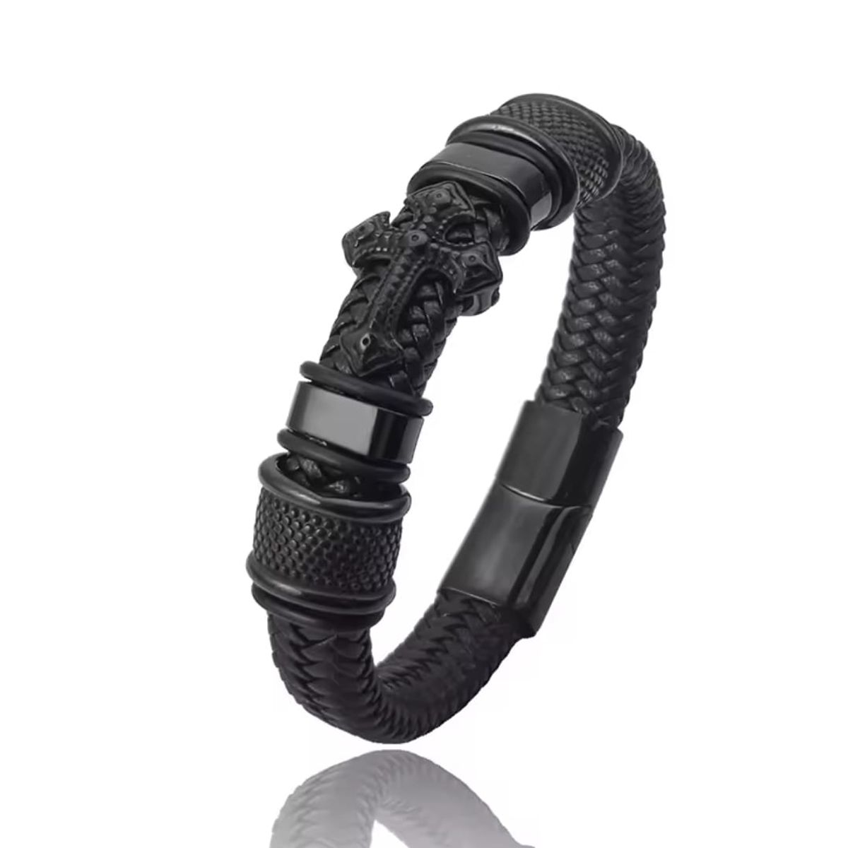 GENERICO - ️ Pulsera Cruz Dominus Black  Cuero & Acero Inoxidable