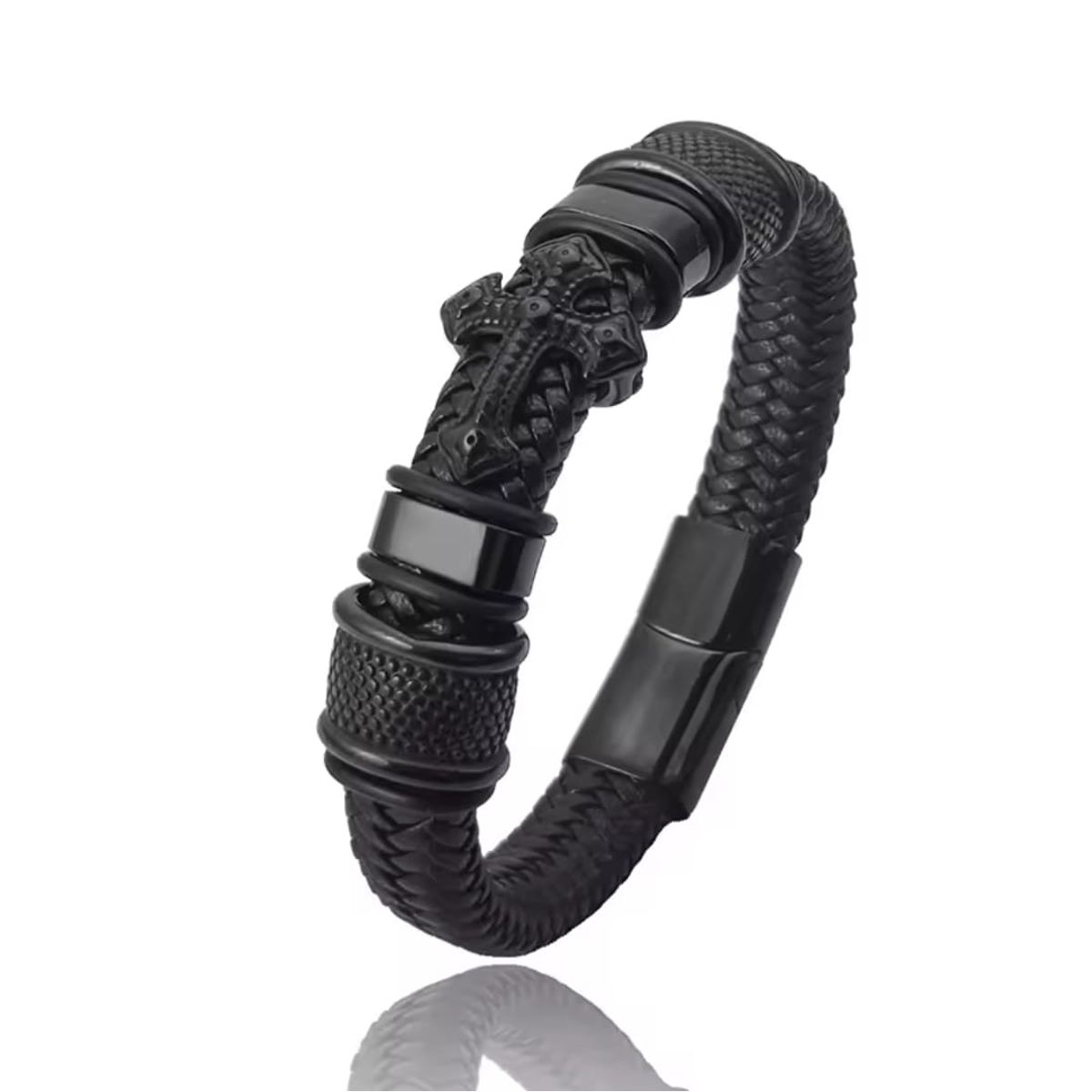 GENERICO - ️ Pulsera Cruz Dominus Black  Cuero & Acero Inoxidable