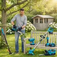 KIT DE JARDINERIA 6 EN 1, ORILLADORA, TIJERA, MINI MOTO SIERRA, SOPLADORA, 2 CORTA SETOS Y BRAZO TELESCOPICO