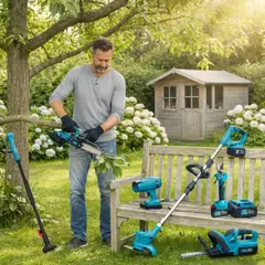 MOVI - KIT DE JARDINERIA 6 EN 1, ORILLADORA, TIJERA, MINI MOTO SIERRA, SOPLADORA, 2 CORTA SETOS Y BRAZO TELESCOPICO