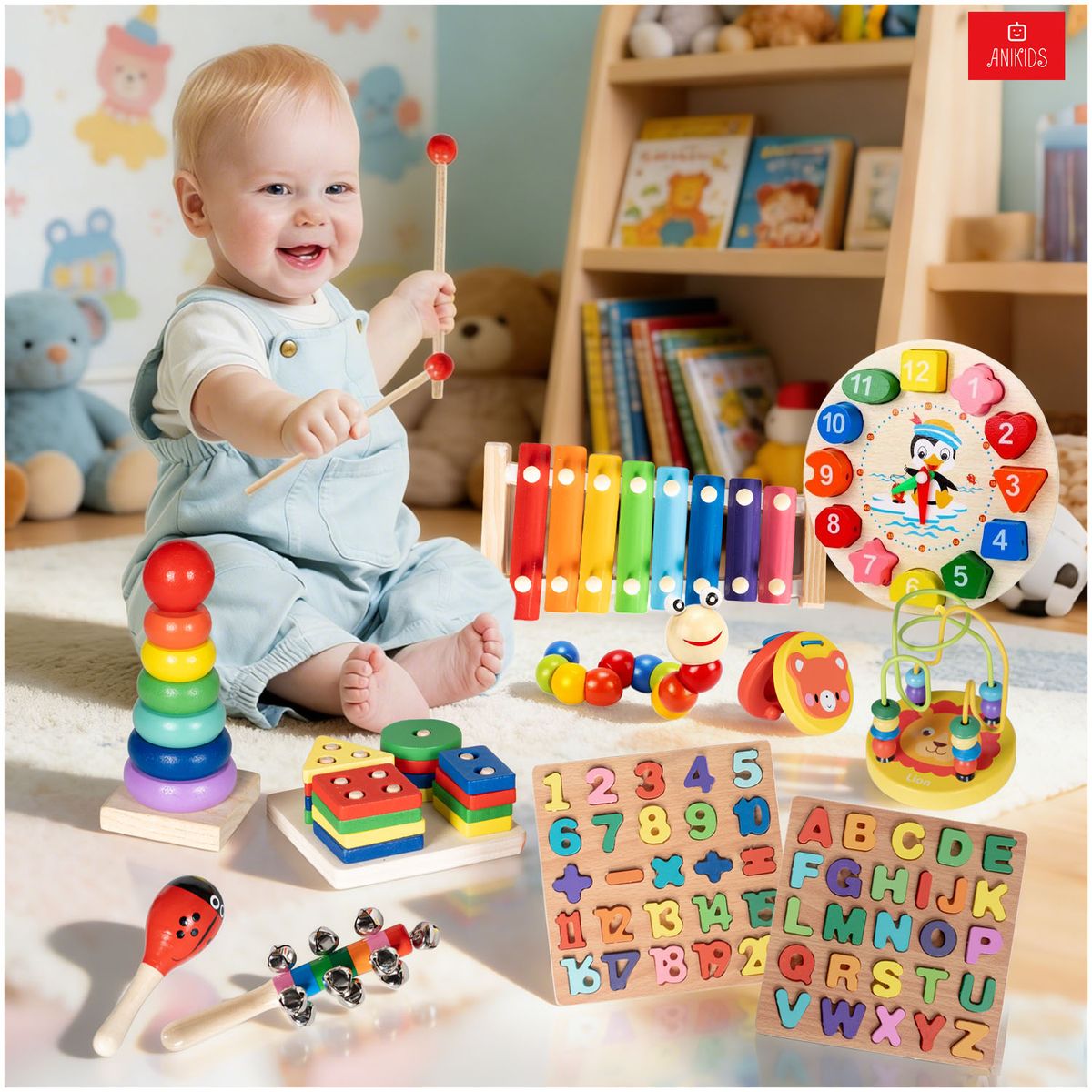 ANIKIDS - Pack 11 Juguetes Didácticos De Madera Para Niños Montessori