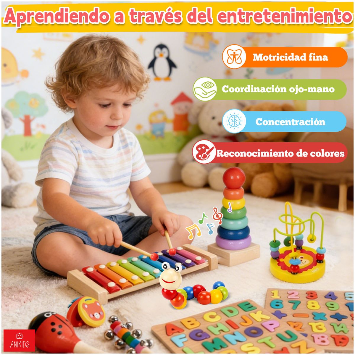 ANIKIDS - Pack 11 Juguetes Didácticos De Madera Para Niños Montessori