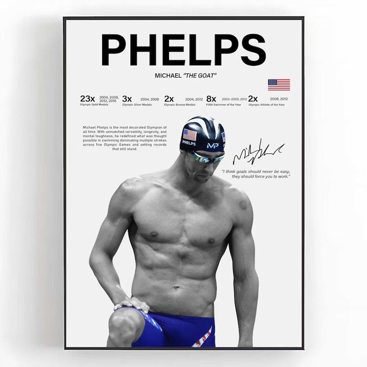 GENERICO - Cuadro Michael Phelps Natación “El Tiburón de Baltimore” + Marco