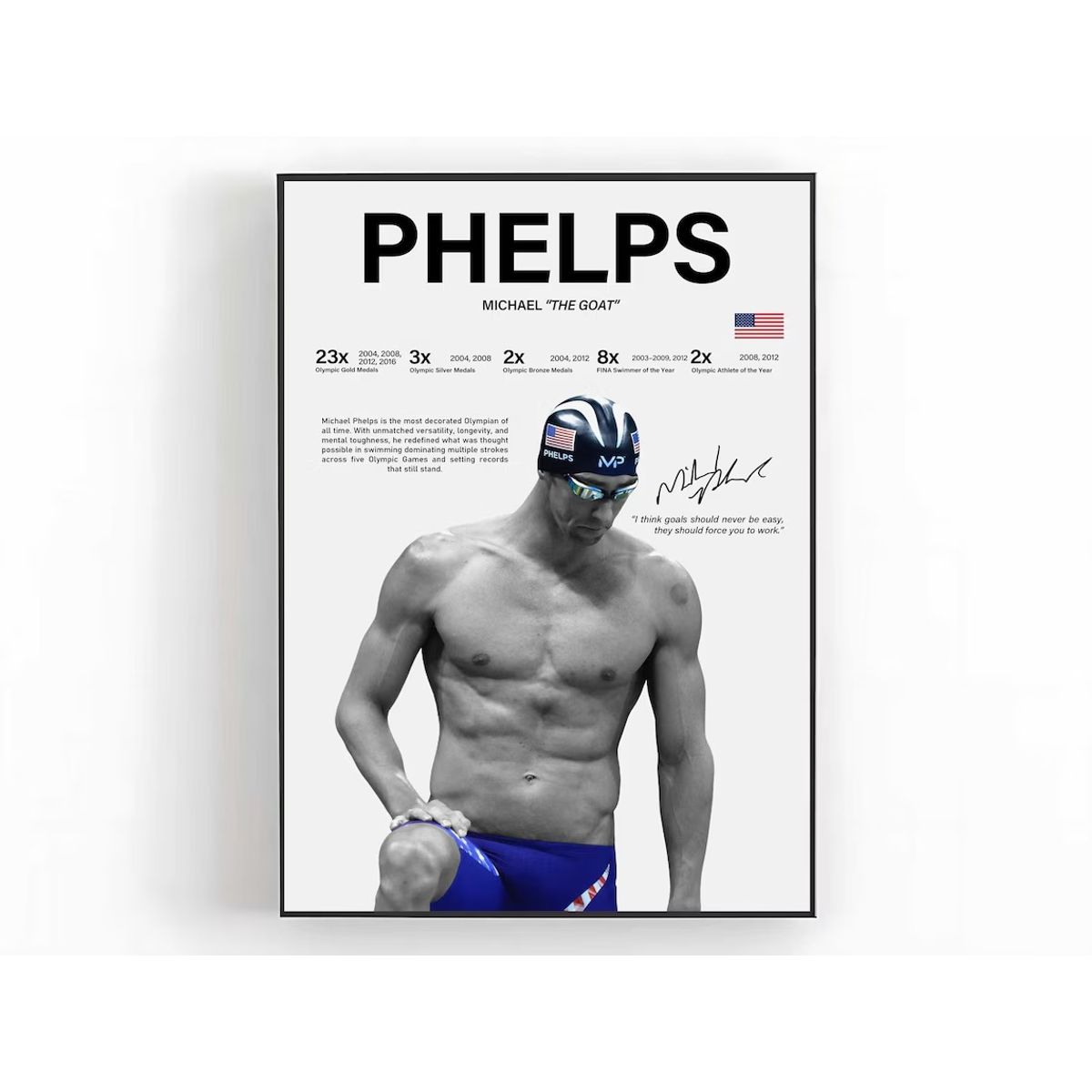 GENERICO - Cuadro Michael Phelps Natación “El Tiburón de Baltimore” + Marco