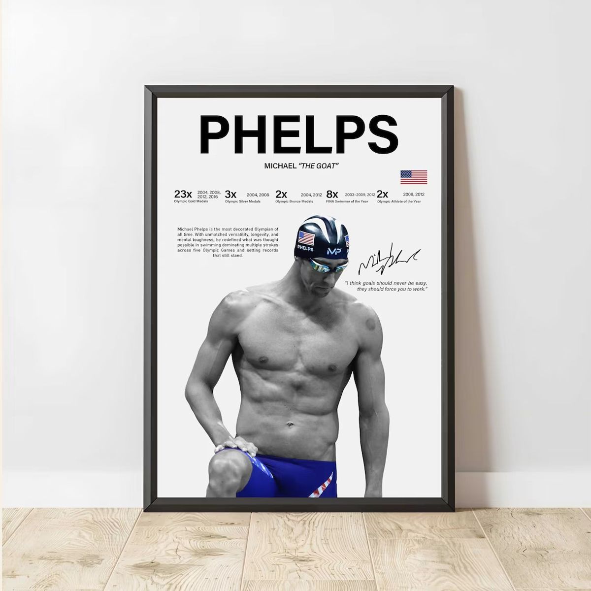 GENERICO - Cuadro Michael Phelps Natación “El Tiburón de Baltimore” + Marco