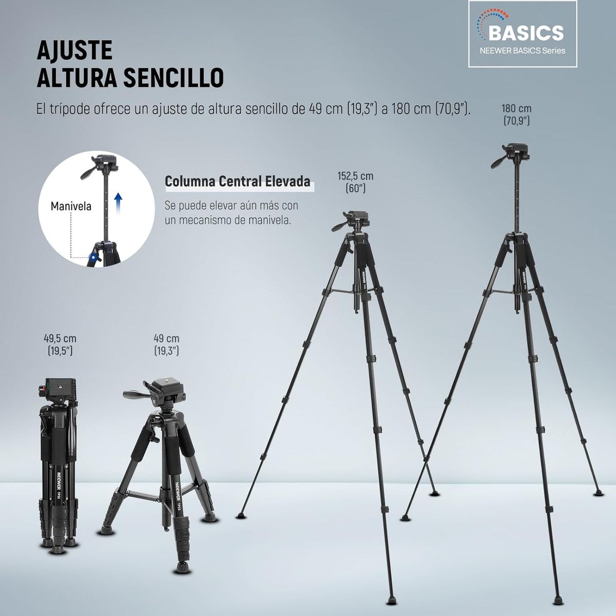 NEEWER - 180cm Trípode Para Celular Cámara Sony Canon Nikon Con Soporte Móvil Montaje Aluminio 3 Way Head