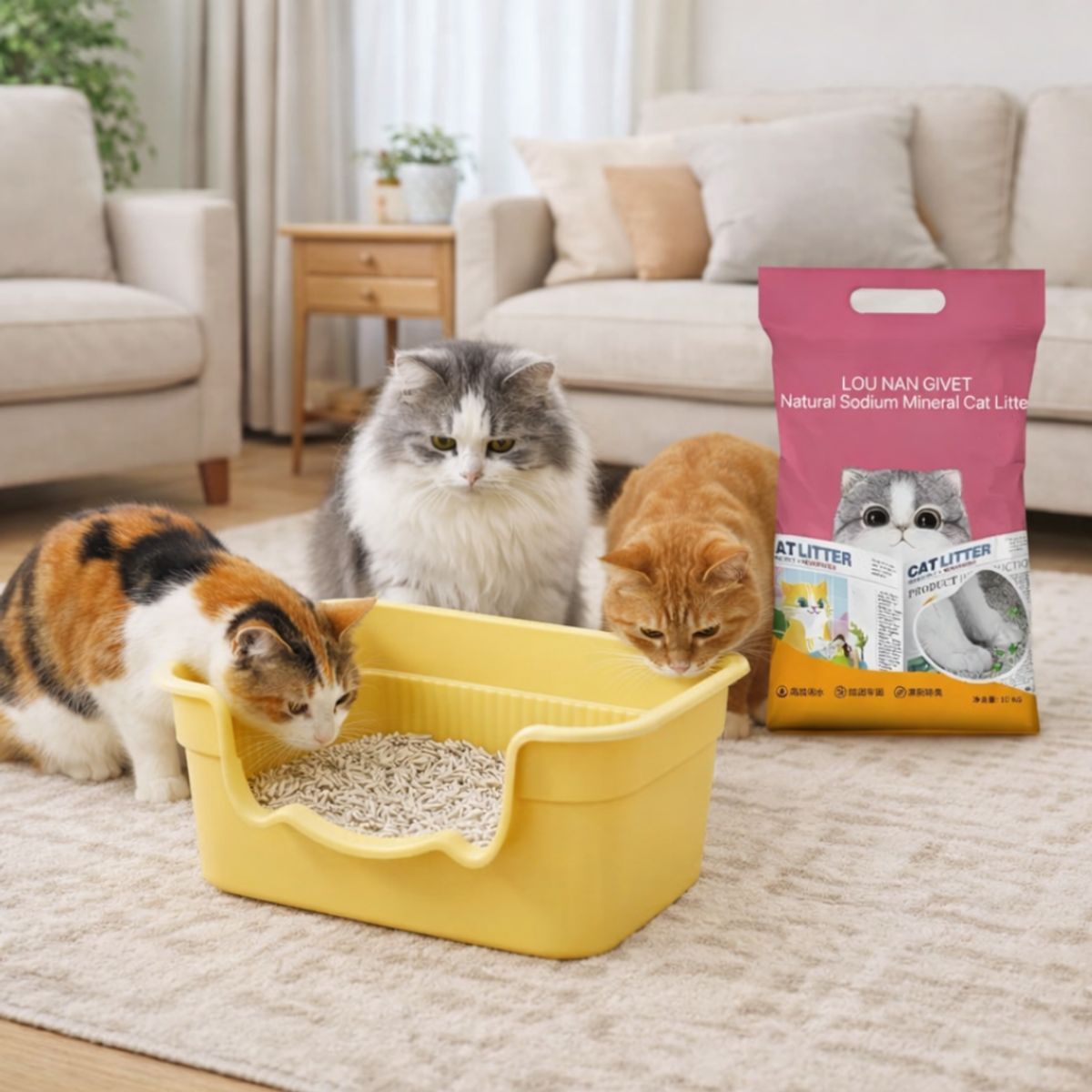 SUKEA - Pack De Arenero De 50cm Para Gato Con Pala + Arena Mineral Amarillo