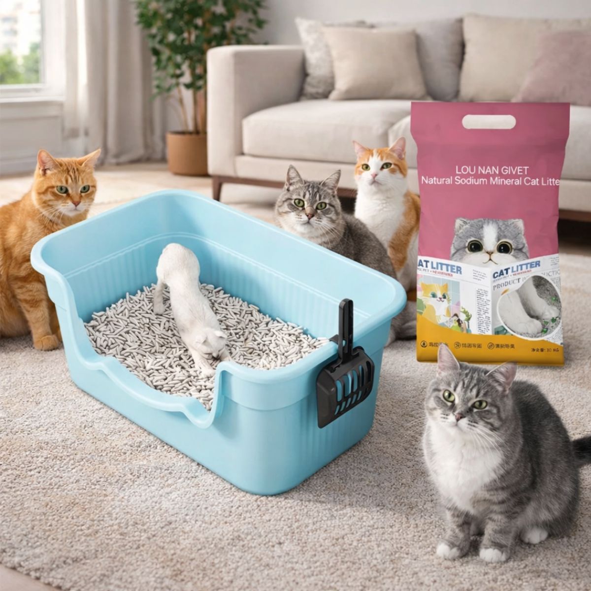 SUKEA - Pack De Arenero De 50cm Para Gato Con Pala + Arena Mineral Celeste