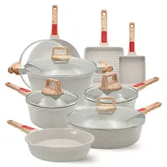 GENERICO - BATERIA DE COCINA 13 PCS ALUMINIO FUNDIDO ANTIADHERENTE GRANITO MANGOS EXTRAIBLES BEIGE