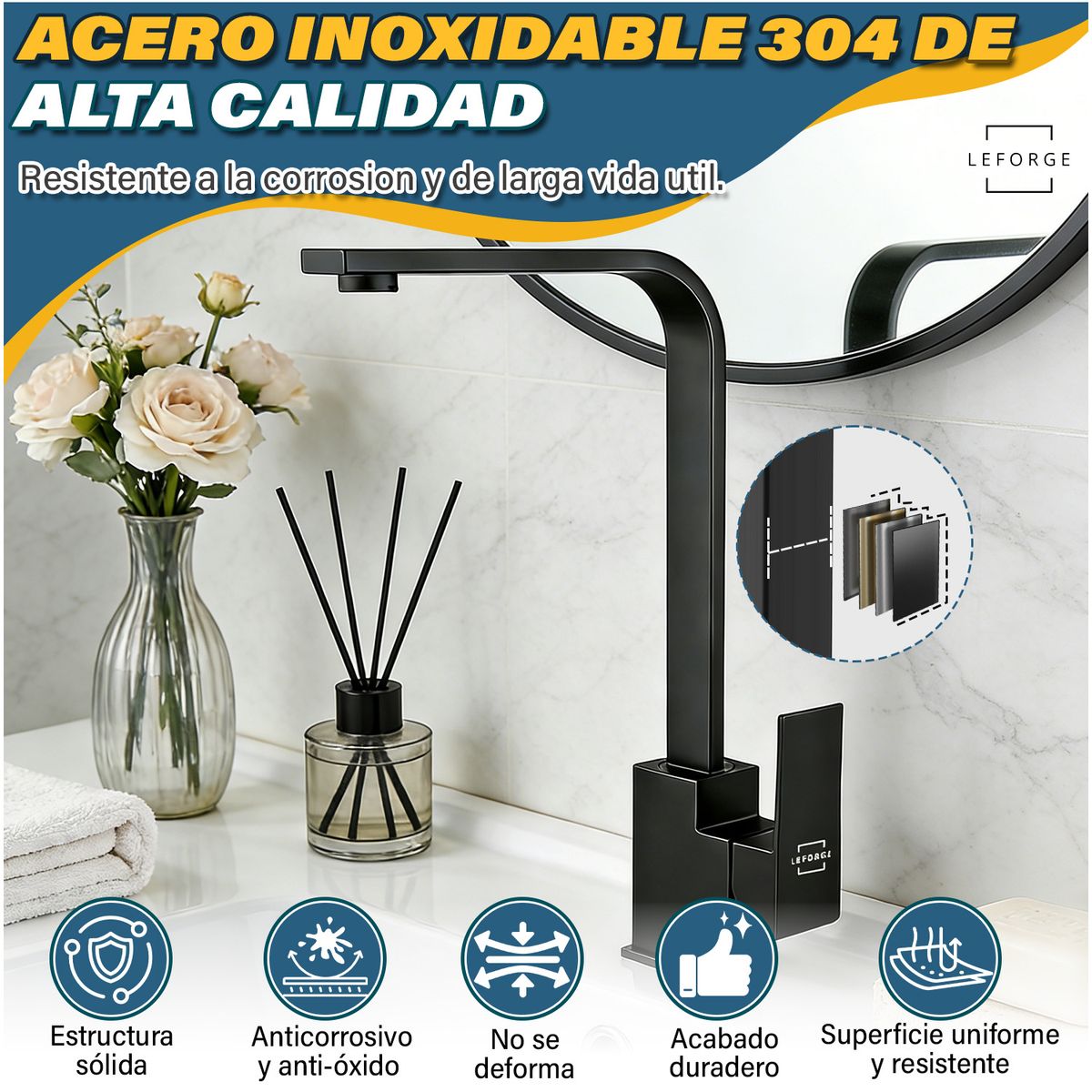 LEFORGE BAIN - Llave Monomando Lavaplatos Alta 360° Griferia Acero Inox 304 Negro Mate