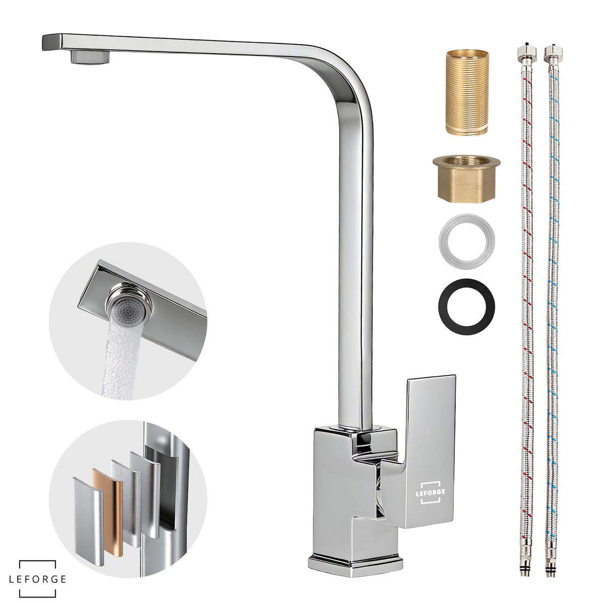 LEFORGE BAIN - Llave Monomando Lavaplatos Alta 360° Griferia Acero Inox 304 Plateado Brillante