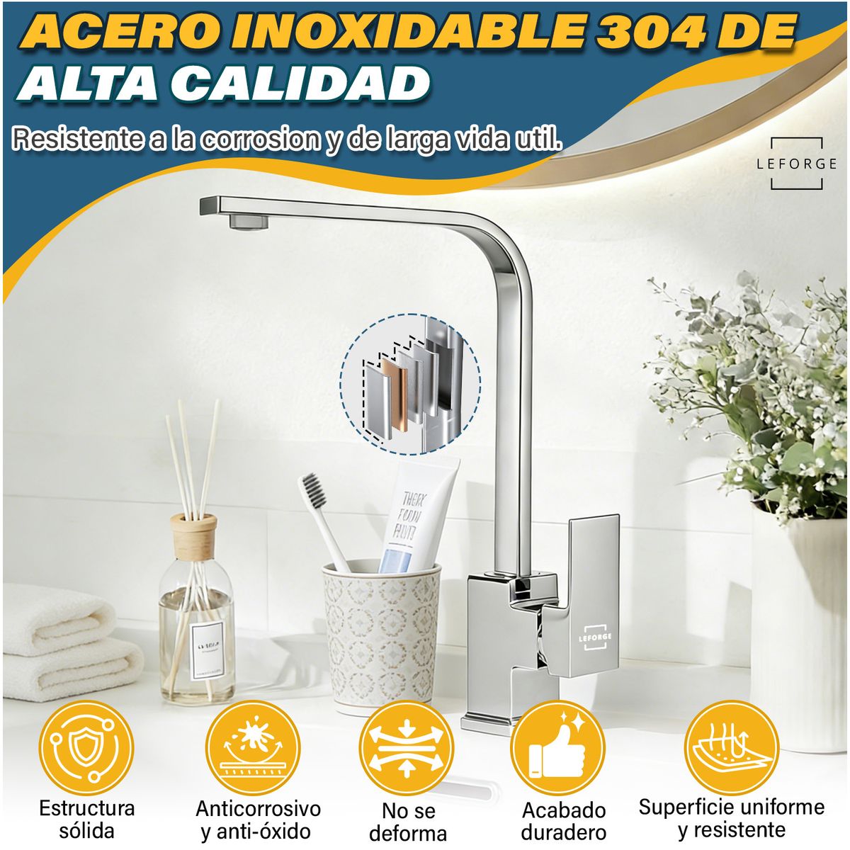 LEFORGE BAIN - Llave Monomando Lavaplatos Alta 360° Griferia Acero Inox 304 Plateado Brillante