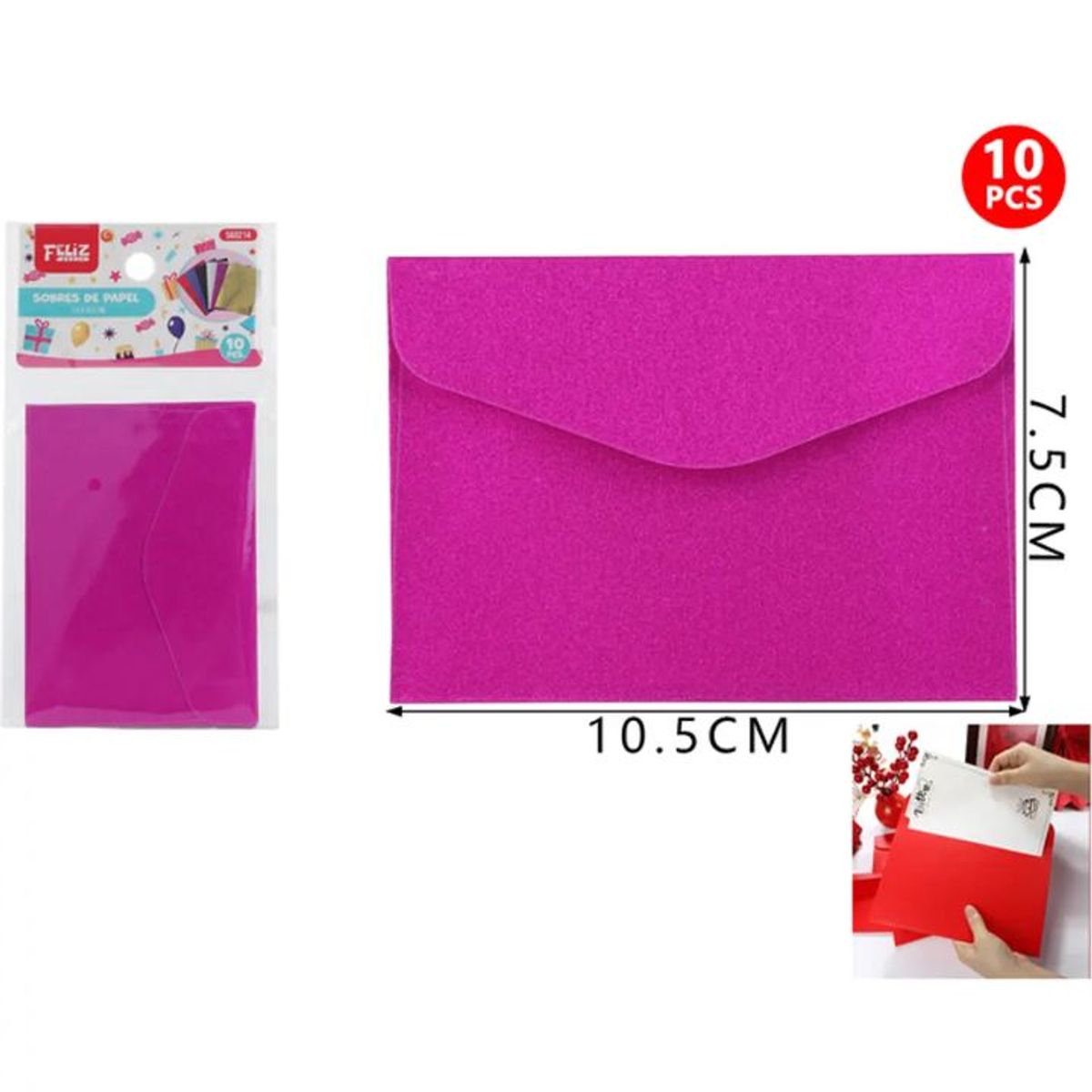 GENERICO - Sobres de papel fucsia glitter 10x7cm