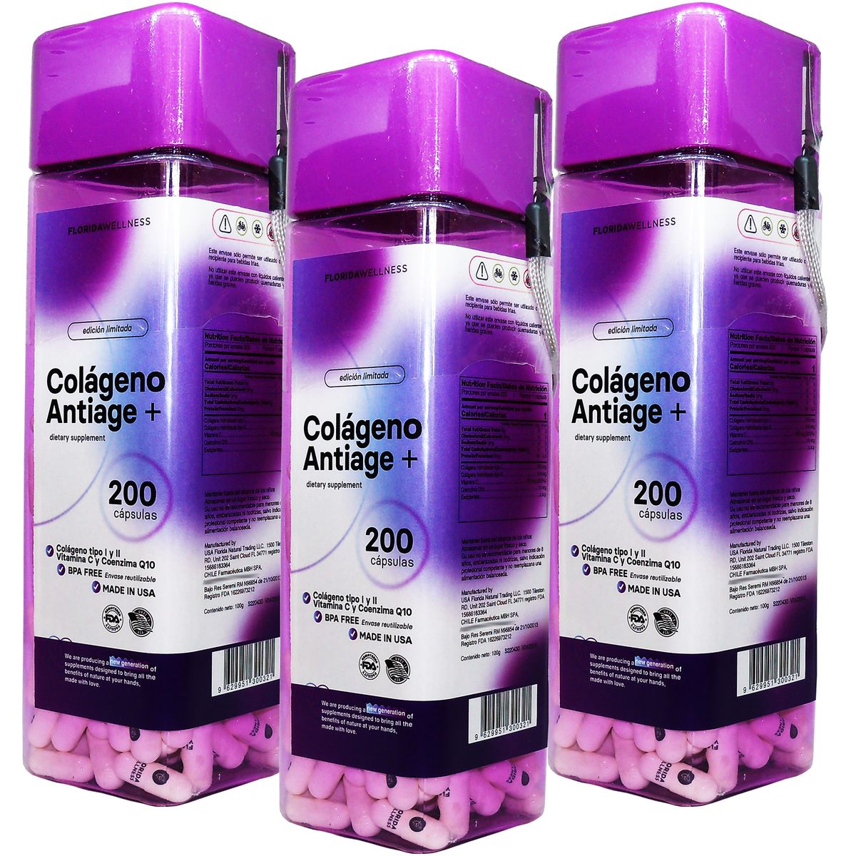 NATURAL FARM - 3X Colageno Antiage + Coenzima Q10+ Vit C 200 Caps  Made In Usa