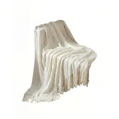 GENERICO - MANTA DECORATIVA CON FLECOS Y TEJIDO DE ROMBOS EN RELIEVE COLOR BLANCO