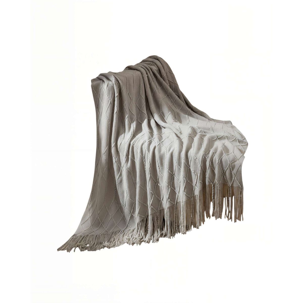 GENERICO - MANTA DECORATIVA CON FLECOS Y TEJIDO DE ROMBOS EN RELIEVE COLOR GRIS