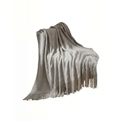 GENERICO - MANTA DECORATIVA CON FLECOS Y TEJIDO DE ROMBOS EN RELIEVE COLOR GRIS