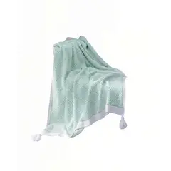 GENERICO - MANTA DECORATIVA CON BORLAS Y ESTAMPADO GEOMETRICO DE ROMBO COLOR VERDE